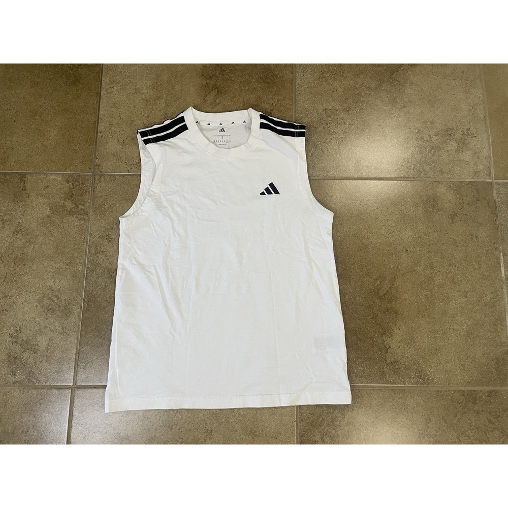 Adidas Sleeveless Shirt Mens Sz S White 3-Stripe Muscle Tee Gym Training Cotton